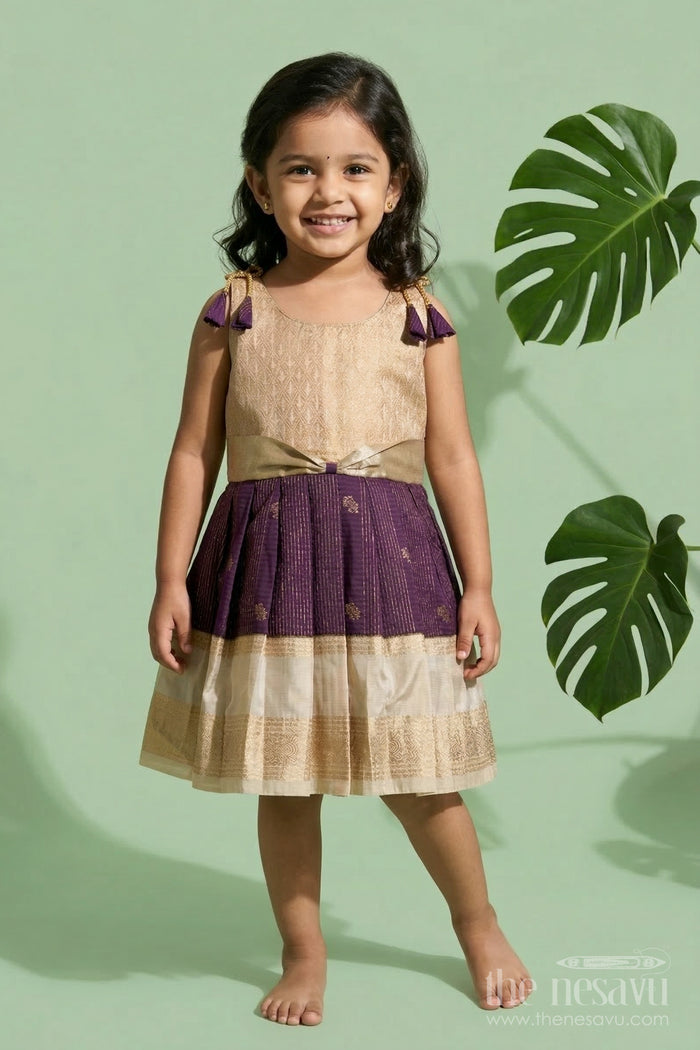 The Nesavu Girls Kanchi Silk Frock Girls Kanchi Silk Frock for Wedding Receptions and Festivals Nesavu 10 (NB) / Purple / Style 4 KSF019AD-10 Nesavu girls kanchi silk frock for wedding receptions in semi bridal kanchivaram silk style