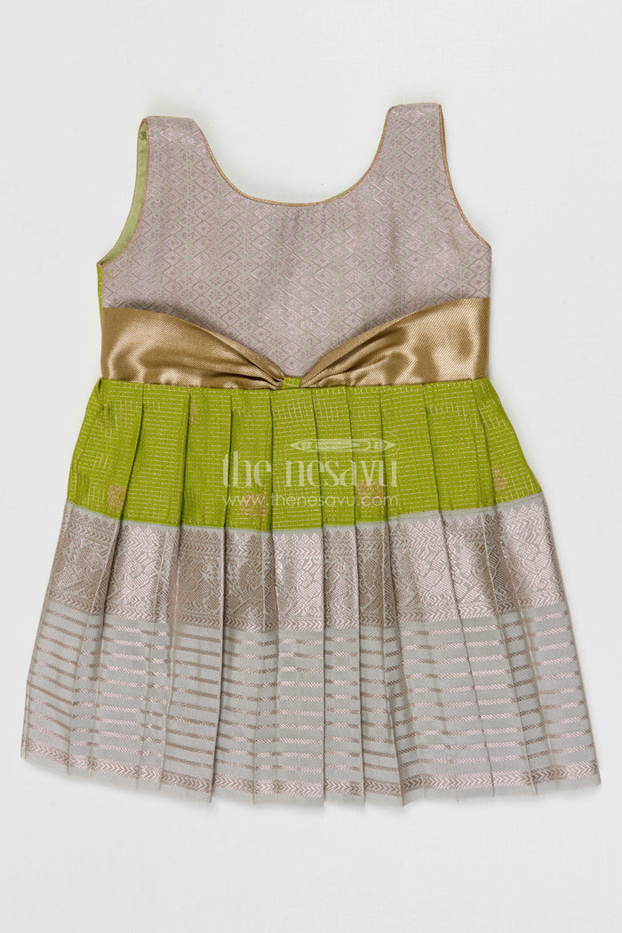 The Nesavu Girls Kanchi Silk Frock Girls Kanchi Silk Frock for Weddings Nesavu 10 (NB) / Green / Style 1 KSF005DA-10 Nesavu Girls Semi Pure Kanchivaram Silk Frock Saree Inspired Design For Weddings And Festive Events