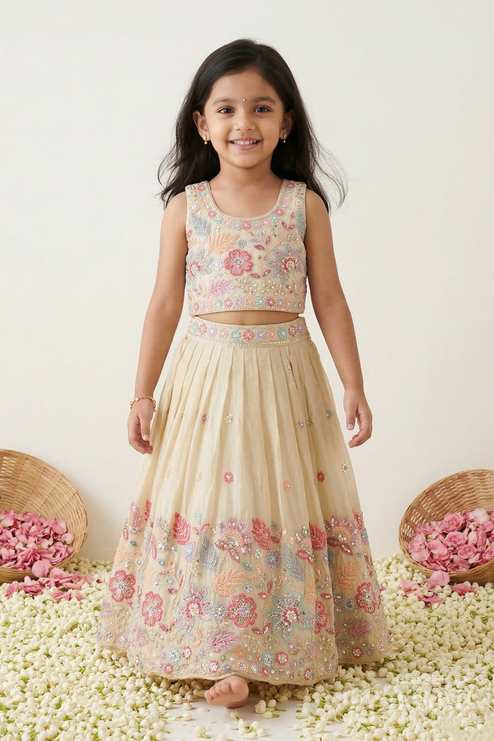 The Nesavu Girls Lehenga Choli Girls Lehenga Choli for Festive Celebrations and Family Weddings Nesavu 18 (2Y) / Cream / Viscose Silk GL898A-18 Nesavu girls festive lehenga choli for weddings and celebrations viscose silk embroidered outfit