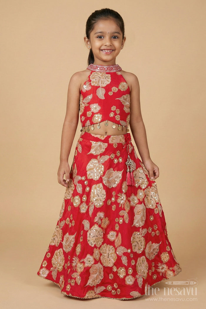 The Nesavu Girls Ethnic Lehenga Girls Lehenga Choli for Festive Weddings and Family Functions Nesavu Nesavu girls lehenga choli for festive weddings and functions in red viscose silk