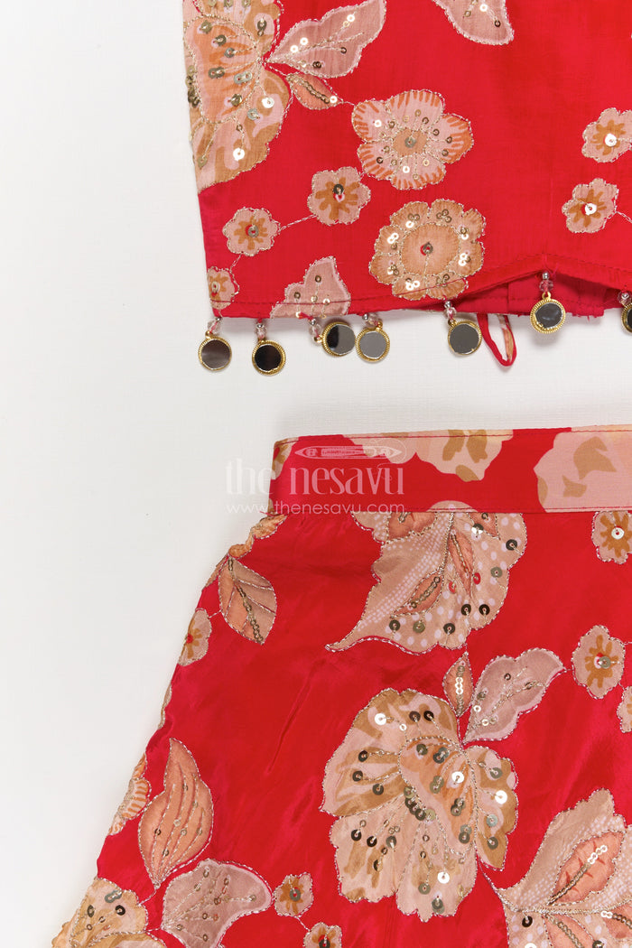 The Nesavu Girls Ethnic Lehenga Girls Lehenga Choli for Festive Weddings and Family Functions Nesavu Nesavu girls lehenga choli for festive weddings and functions in red viscose silk