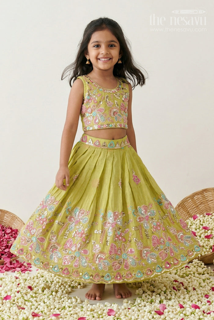 The Nesavu Girls Lehenga Choli Girls Lehenga Choli for Weddings and Diwali Celebrations Nesavu 18 (2Y) / Green / Viscose Silk GL908A-18 Nesavu Girls Lehenga Choli For Weddings And Festive Wear With Viscose Silk And Designer Embroidery