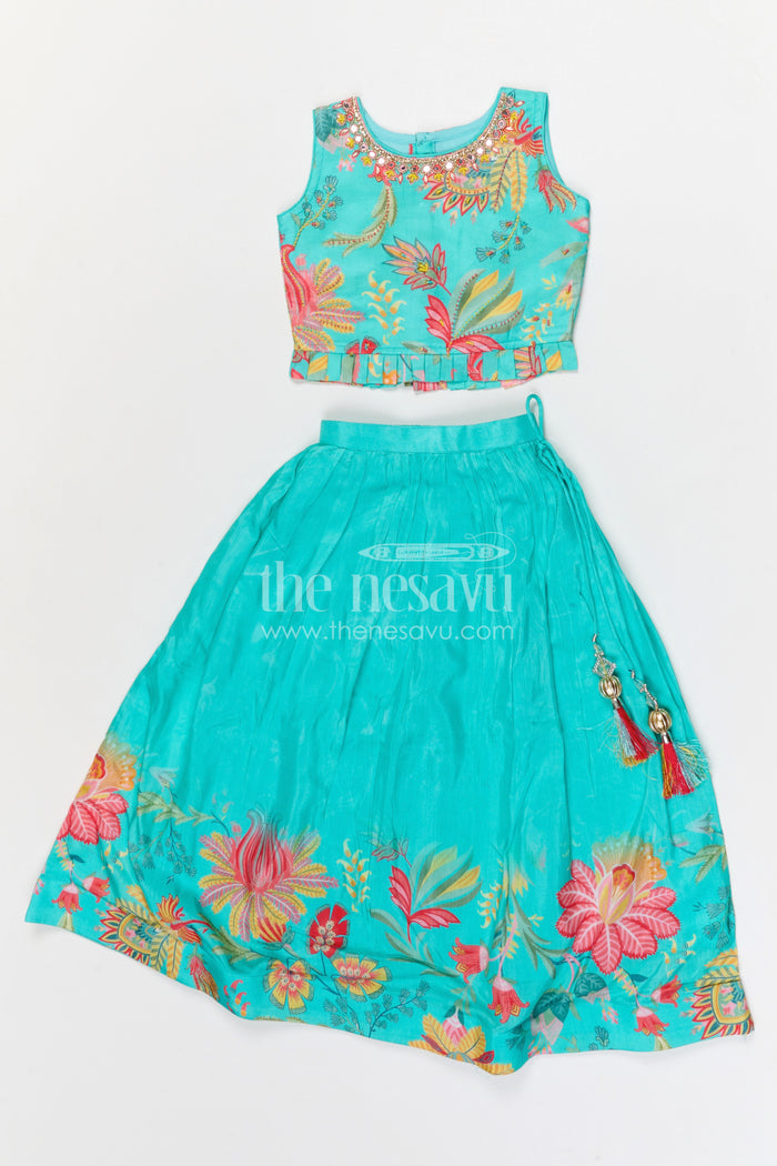 The Nesavu Girls Lehenga Choli Girls Lehenga Choli for Weddings and Festivals Events Nesavu 22 (4Y) / Turquoise / Modal GL893A-22 Nesavu girls modal silk lehenga choli for weddings and festive celebrations with floral digital print