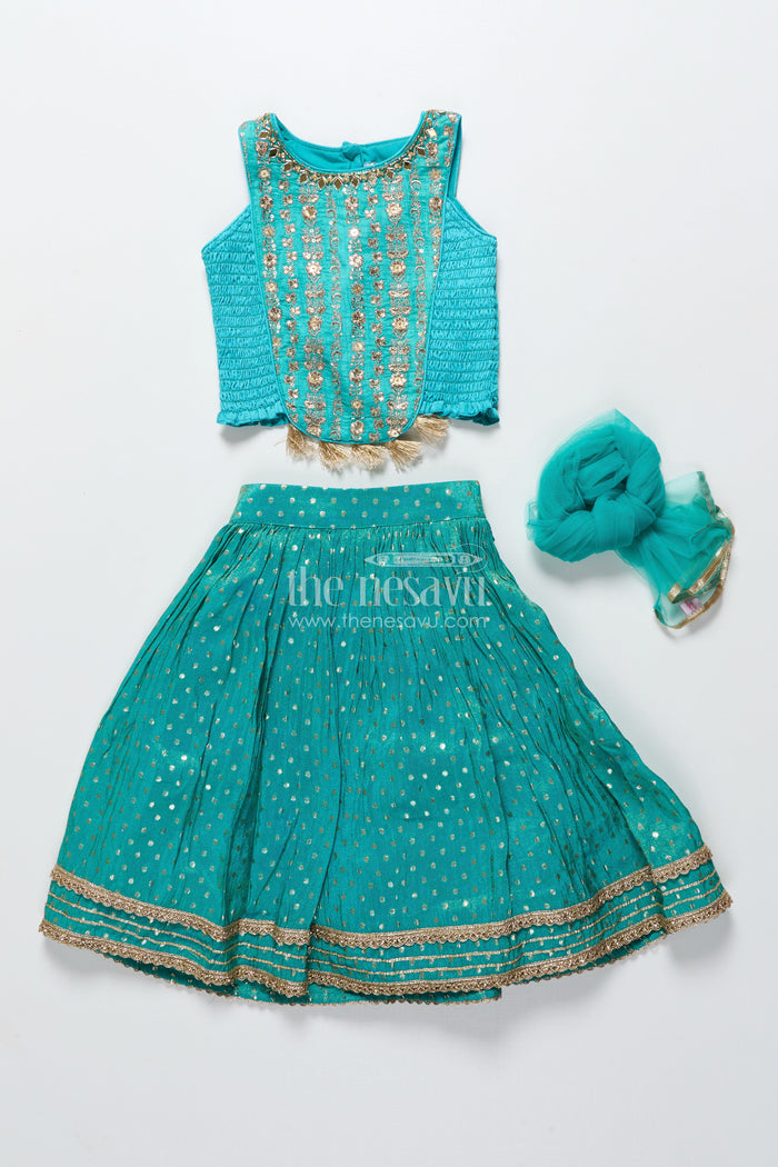 The Nesavu Girls Lehenga Choli Girls Lehenga Choli Set with Sequence Embroidery and Net Dupatta Nesavu Nesavu girls lehenga choli set sequin embroidery tissue silk skirt  ethnic elegance