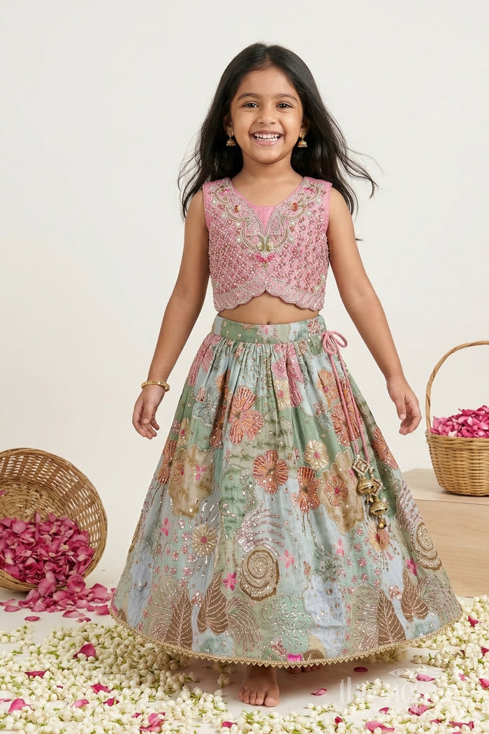 The Nesavu Girls Lehenga Choli Girls Lehenga Choli with Sequin Embroidery for Festive Celebrations Nesavu 16 (1Y) / Pink / Viscose GL868A-16 Nesavu girls lehenga choli set with sequin embroidered skirt and heavy yoke for weddings and functions