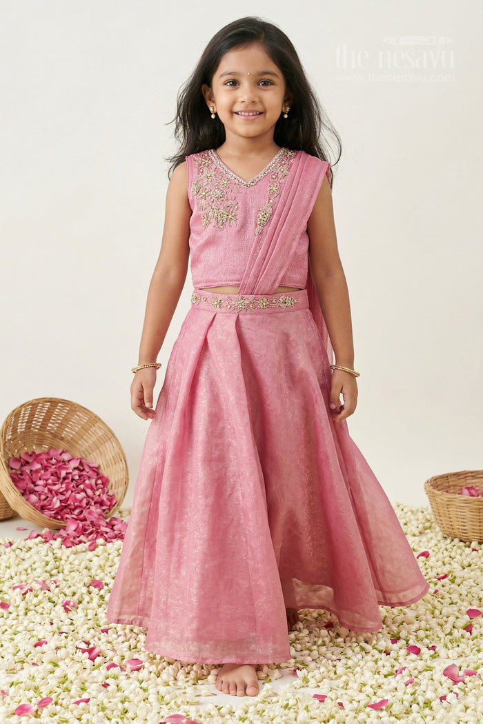 The Nesavu Girls Fancy Lehenga Girls Lehenga for Weddings and Festive Celebrations Nesavu 18 (2Y) / Pink / Organza Tissue GL876A-18 Nesavu girls tissue organza lehenga for weddings festive celebrations and special occasions