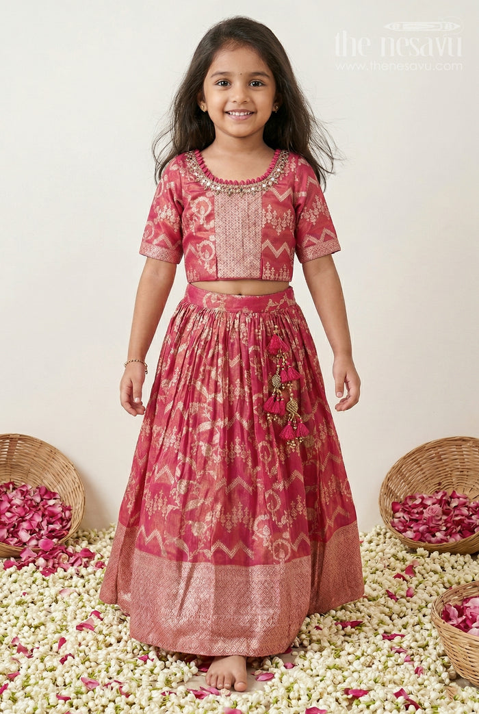 The Nesavu Girls Ethnic Lehenga Girls Lehenga for Weddings and Grand Festive Celebrations Nesavu 24 (5Y) / Red / Silk GL910A-24 Nesavu Girls Kora Silk Lehenga For Weddings With Big Zari Border And Traditional Festive Design