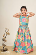The Nesavu Girls Fancy Lehenga Girls Lehenga with Embroidery in Teal Georgette Featuring Floral Digital Print and Coordinated Blouse Nesavu 16 (1Y) / Green GL658A-16 Nesavu Teal Floral Printed Girls Lehenga Embroidery Sleeveless Blouse Festive Comfort