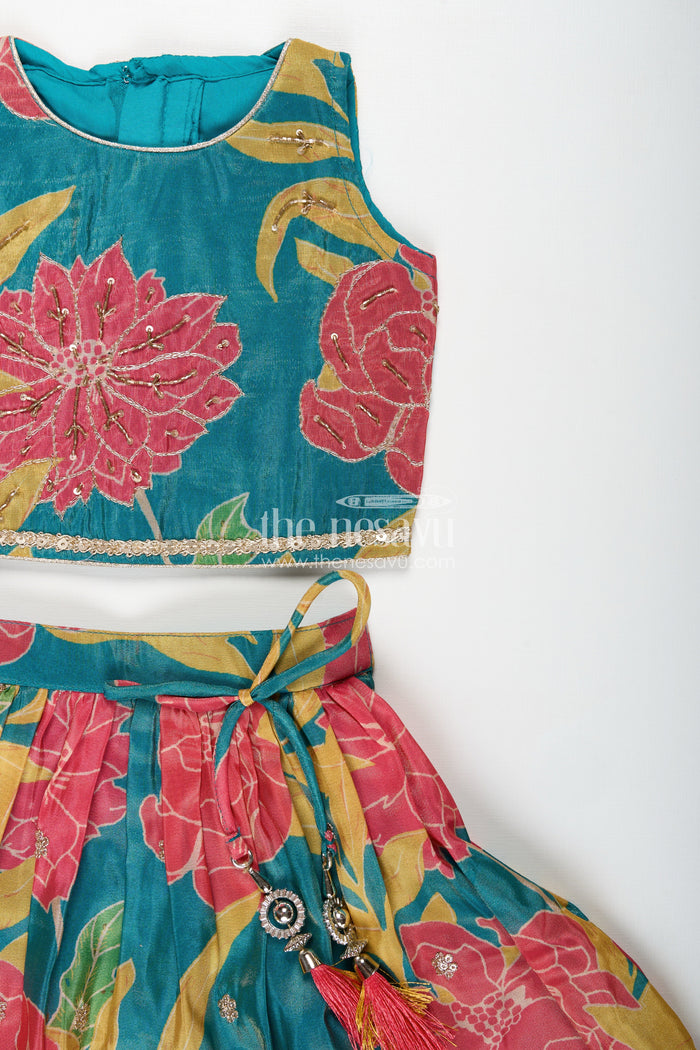 The Nesavu Girls Fancy Lehenga Girls Lehenga with Embroidery in Teal Georgette Featuring Floral Digital Print and Coordinated Blouse Nesavu Nesavu Teal Floral Printed Girls Lehenga Embroidery Sleeveless Blouse Festive Comfort