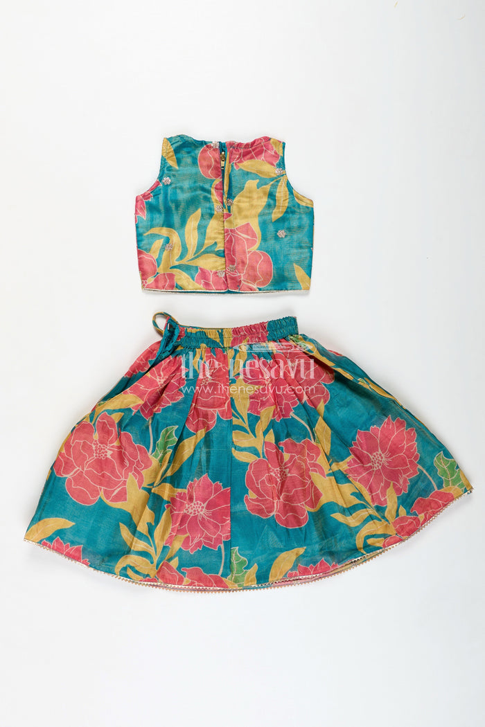 The Nesavu Girls Fancy Lehenga Girls Lehenga with Embroidery in Teal Georgette Featuring Floral Digital Print and Coordinated Blouse Nesavu Nesavu Teal Floral Printed Girls Lehenga Embroidery Sleeveless Blouse Festive Comfort