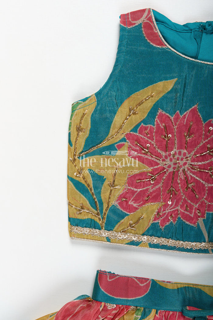 The Nesavu Girls Fancy Lehenga Girls Lehenga with Embroidery in Teal Georgette Featuring Floral Digital Print and Coordinated Blouse Nesavu Nesavu Teal Floral Printed Girls Lehenga Embroidery Sleeveless Blouse Festive Comfort