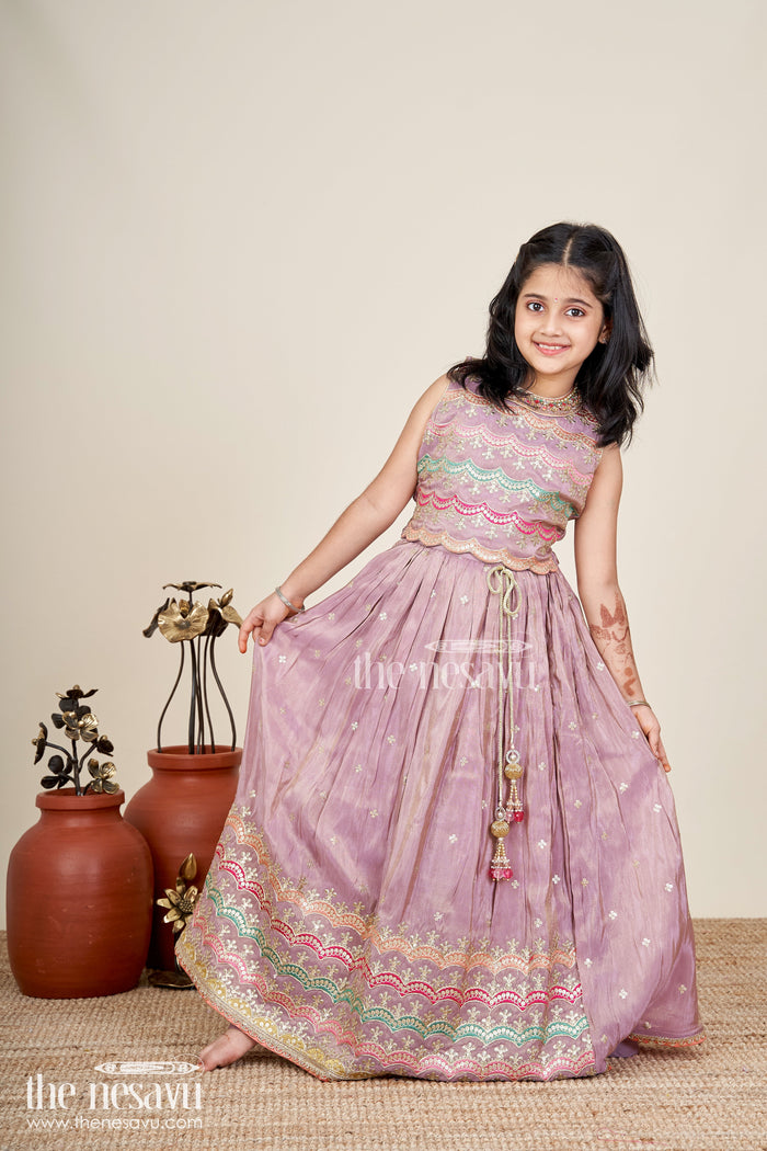 The Nesavu Girls Lehenga Choli Girls Marriage Function Dress in Tissue Fabric with Sequin Embroidery and Designer Multicolor Yoke Nesavu 16 (1Y) / Purple GL641B-16 Girls Marriage Function Dress Tissue Sequin Embroidered Lehenga Choli Designer Yoke | The Nesavu