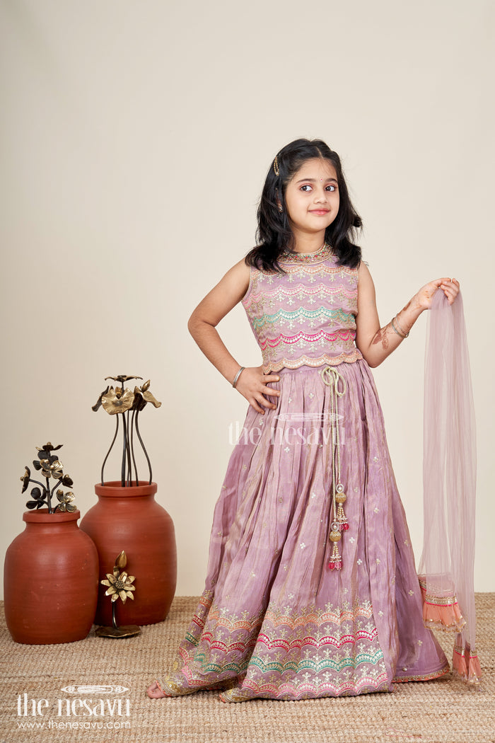 The Nesavu Girls Lehenga Choli Girls Marriage Function Dress in Tissue Fabric with Sequin Embroidery and Designer Multicolor Yoke Nesavu Girls Marriage Function Dress Tissue Sequin Embroidered Lehenga Choli Designer Yoke | The Nesavu