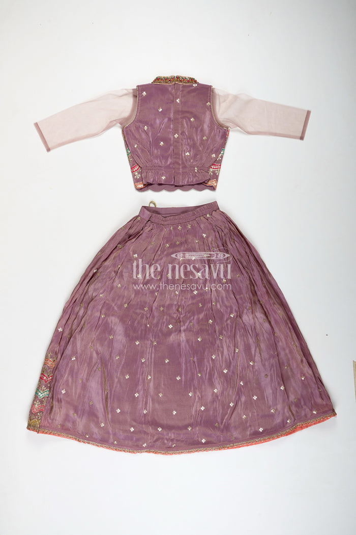 The Nesavu Girls Lehenga Choli Girls Marriage Function Dress in Tissue Fabric with Sequin Embroidery and Designer Multicolor Yoke Nesavu Girls Marriage Function Dress Tissue Sequin Embroidered Lehenga Choli Designer Yoke | The Nesavu