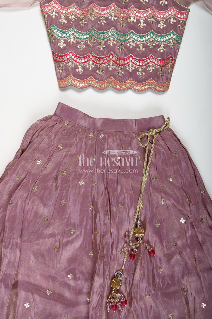 The Nesavu Girls Lehenga Choli Girls Marriage Function Dress in Tissue Fabric with Sequin Embroidery and Designer Multicolor Yoke Nesavu Girls Marriage Function Dress Tissue Sequin Embroidered Lehenga Choli Designer Yoke | The Nesavu