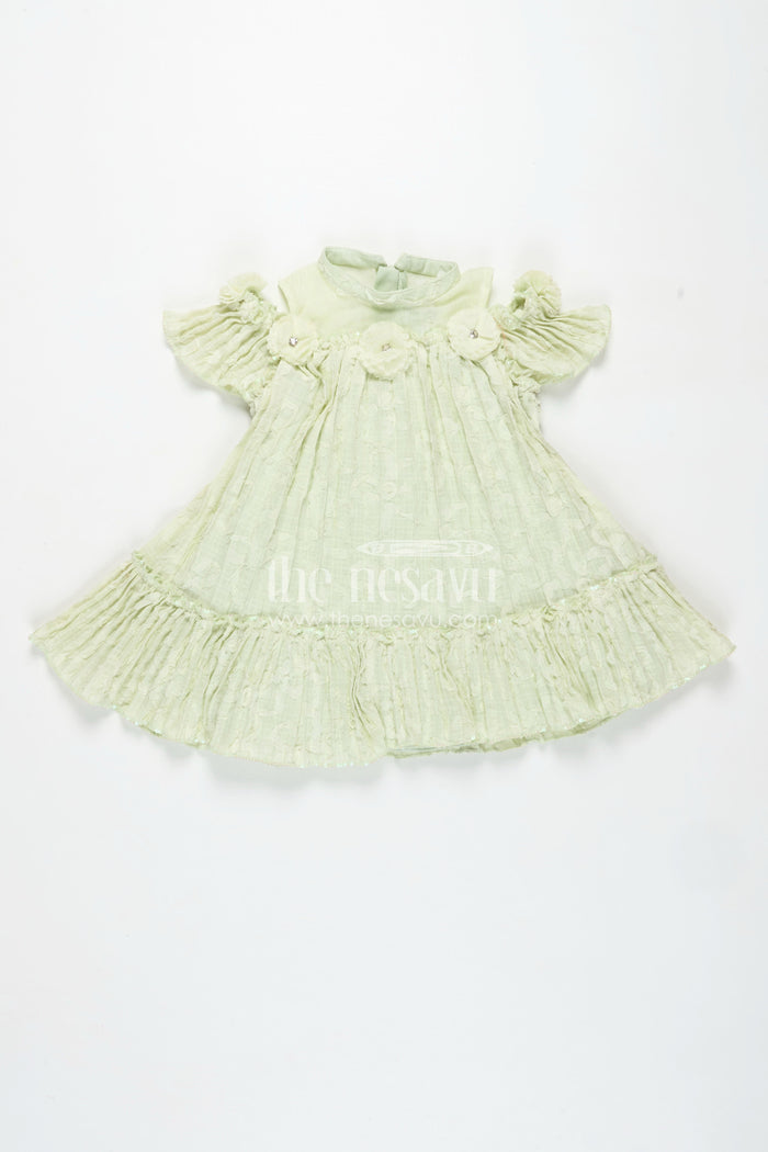 The Nesavu Girls Cotton Frock Girls Mini Organza Frock in Light Green with Crushed Texture and Floral Embellishments for Elegant Looks Nesavu Nesavu Girls Mini Organza Frock Light Green Crushed Texture Floral Puff Sleeve Design