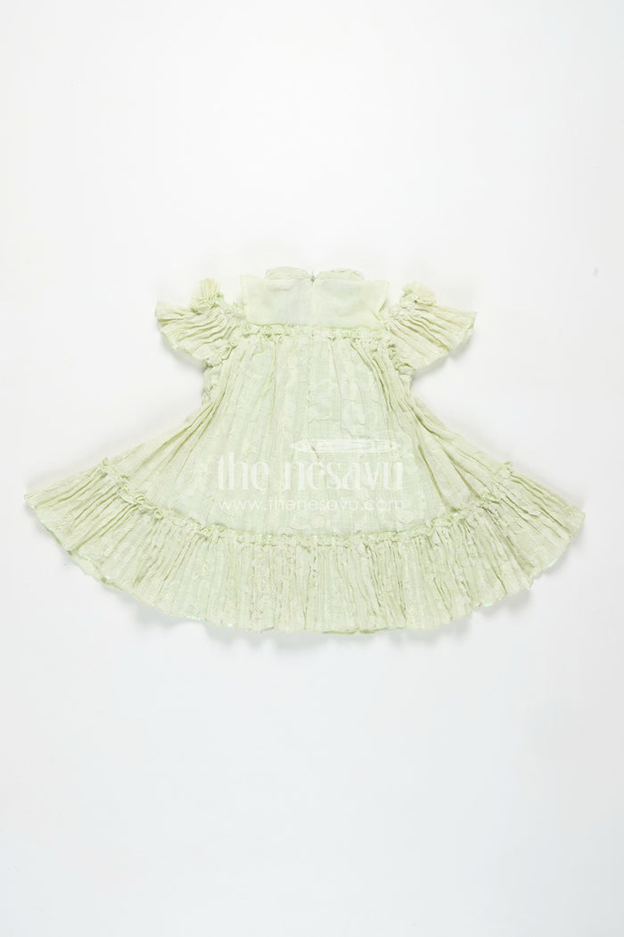 The Nesavu Girls Cotton Frock Girls Mini Organza Frock in Light Green with Crushed Texture and Floral Embellishments for Elegant Looks Nesavu Nesavu Girls Mini Organza Frock Light Green Crushed Texture Floral Puff Sleeve Design