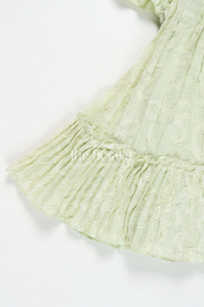 The Nesavu Girls Cotton Frock Girls Mini Organza Frock in Light Green with Crushed Texture and Floral Embellishments for Elegant Looks Nesavu Nesavu Girls Mini Organza Frock Light Green Crushed Texture Floral Puff Sleeve Design