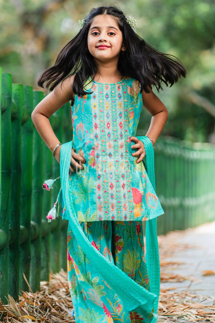 The Nesavu Girls Sharara / Plazo Set Girls Mint Green Sharara Plazo Set with Floral Print and Tassel Detailing Nesavu Nesavu Mint Green Sharara Plazo Set Floral Print Embroidery Girls