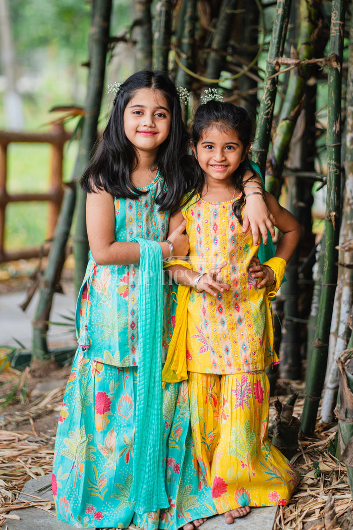 The Nesavu Girls Sharara / Plazo Set Girls Mint Green Sharara Plazo Set with Floral Print and Tassel Detailing Nesavu Nesavu Mint Green Sharara Plazo Set Floral Print Embroidery Girls