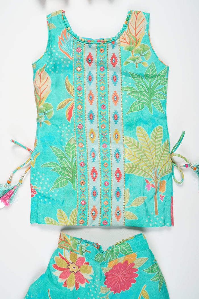 The Nesavu Girls Sharara / Plazo Set Girls Mint Green Sharara Plazo Set with Floral Print and Tassel Detailing Nesavu Nesavu Mint Green Sharara Plazo Set Floral Print Embroidery Girls