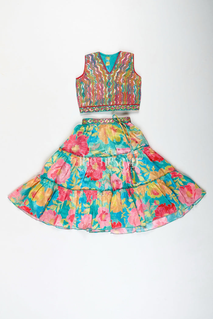 The Nesavu Girls Lehenga Choli Girls Multi Colour Lehenga Set with Sleeveless Embroidered Choli and Digital Printed Flared Skirt Nesavu Nesavu Multi Colour Lehenga Girls Embroidered Choli Rayon Digital Printed Skirt