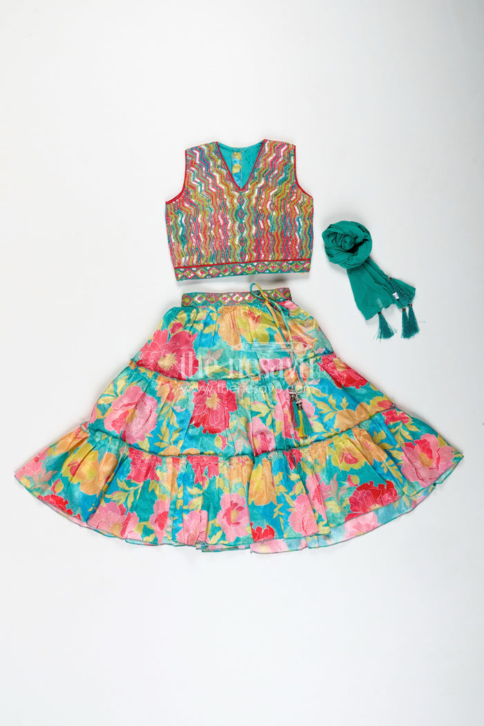 The Nesavu Girls Lehenga Choli Girls Multi Colour Lehenga Set with Sleeveless Embroidered Choli and Digital Printed Flared Skirt Nesavu Nesavu Multi Colour Lehenga Girls Embroidered Choli Rayon Digital Printed Skirt