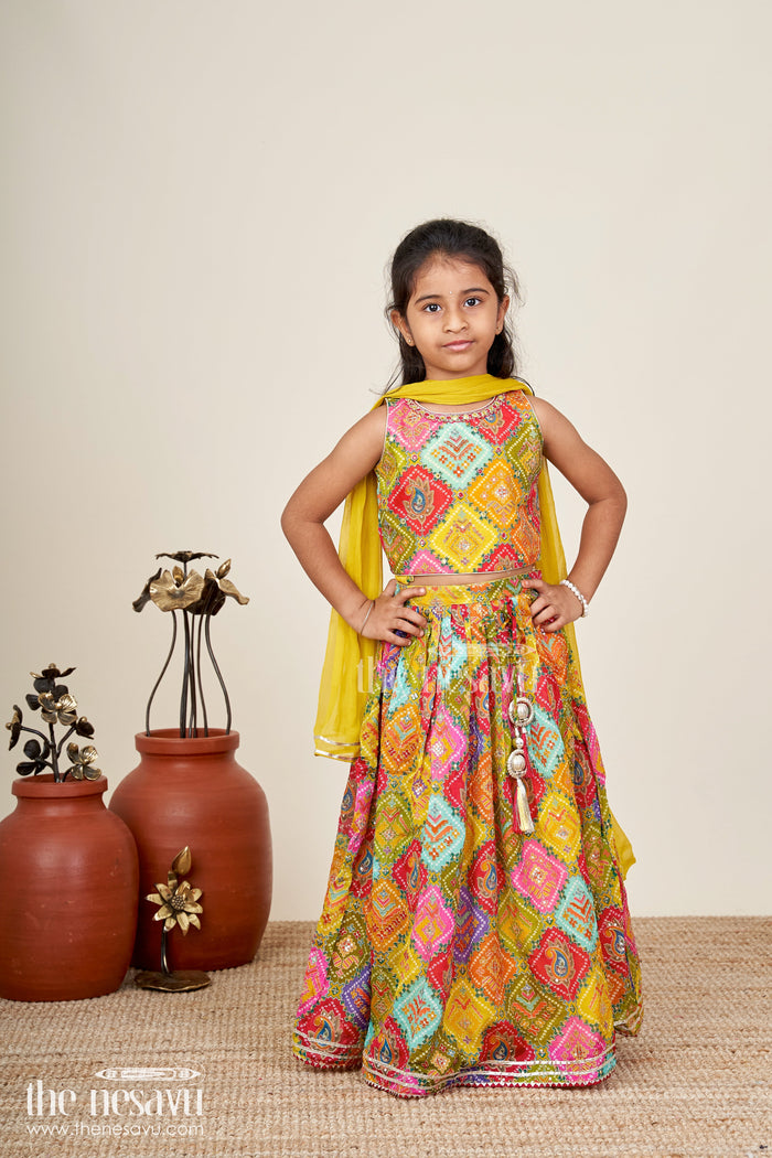 The Nesavu Girls Lehenga Choli Girls multicolor lehenga choli with mirror work for Navratri and weddings Nesavu 16 (1Y) / Yellow GL777A-16 Nesavu multicolor girls lehenga choli mirror work  festive ethnic wear Navratri weddings