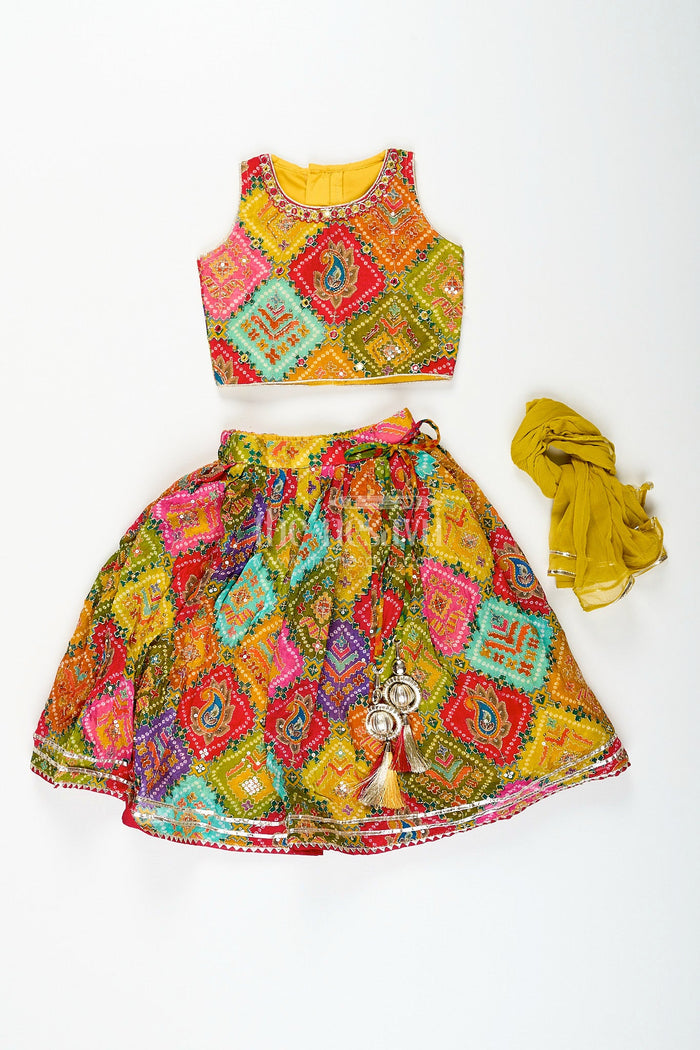 The Nesavu Girls Lehenga Choli Girls multicolor lehenga choli with mirror work for Navratri and weddings Nesavu Nesavu multicolor girls lehenga choli mirror work  festive ethnic wear Navratri weddings