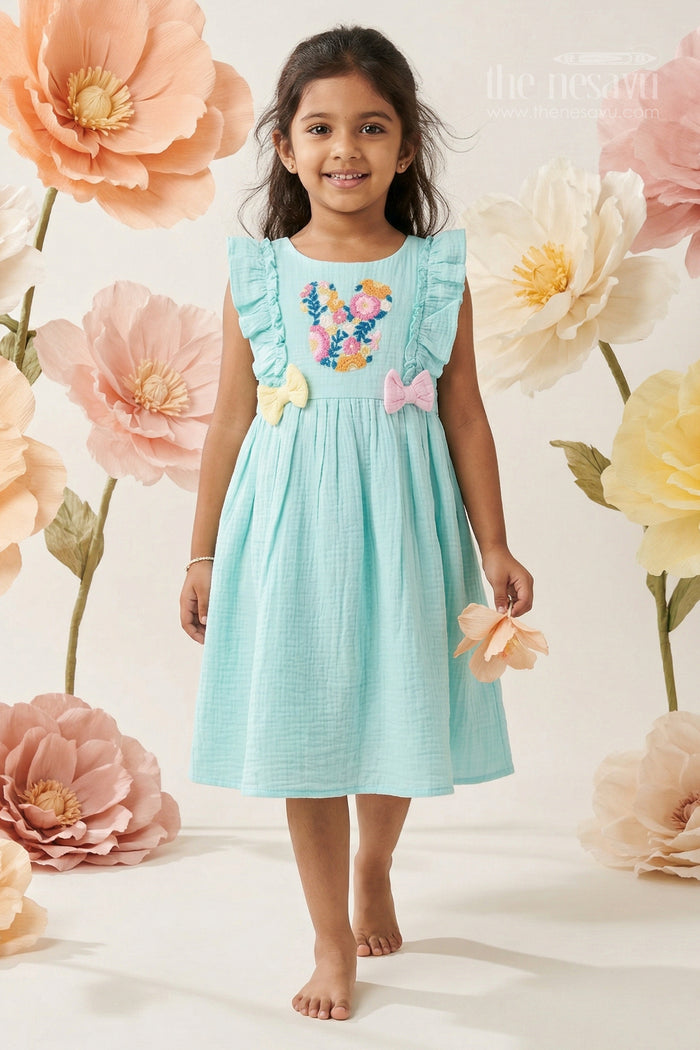 The Nesavu Girls Cotton Frock Girls Muslin Cotton Frock for Breezy Summer Outings and Playful Moments Nesavu 20 (3Y) / Turquoise / Muslin Cotton GFC2156A-20 Nesavu Girls Muslin Cotton Embroidered Frock For Summer Outings And Playdates
