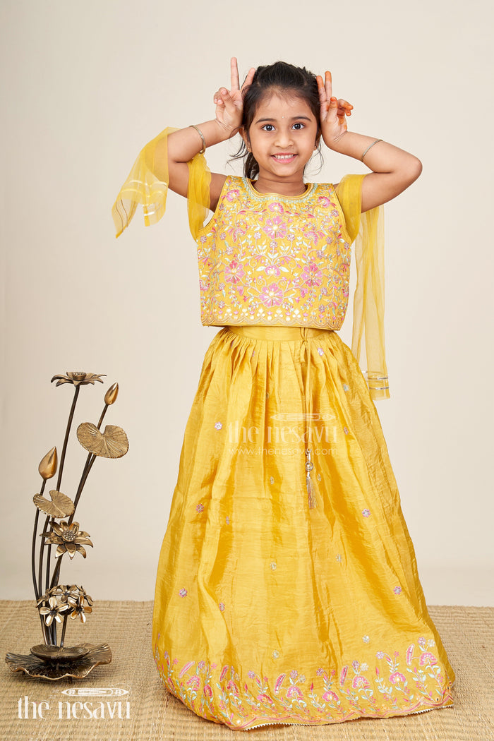 The Nesavu Girls Lehenga Choli Girls mustard yellow lehenga choli for weddings and festive celebrations Nesavu 16 (1Y) / Yellow GL760A-16 Nesavu girls embroidered lehenga choli mustard yellow weddings festivals