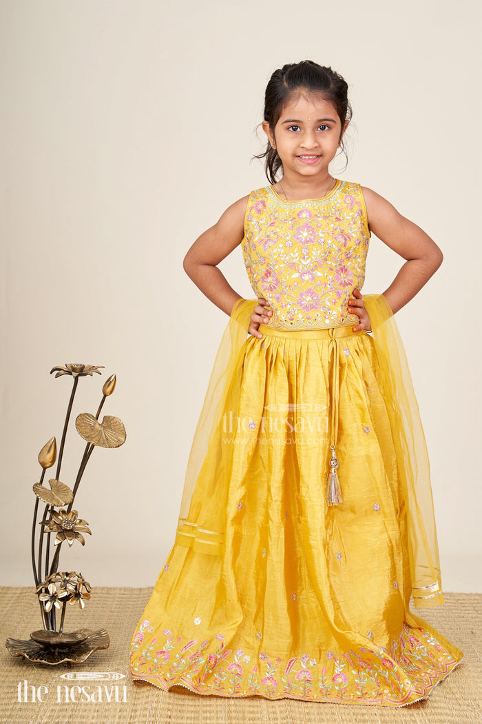 The Nesavu Girls Lehenga Choli Girls mustard yellow lehenga choli for weddings and festive celebrations Nesavu Nesavu girls embroidered lehenga choli mustard yellow weddings festivals