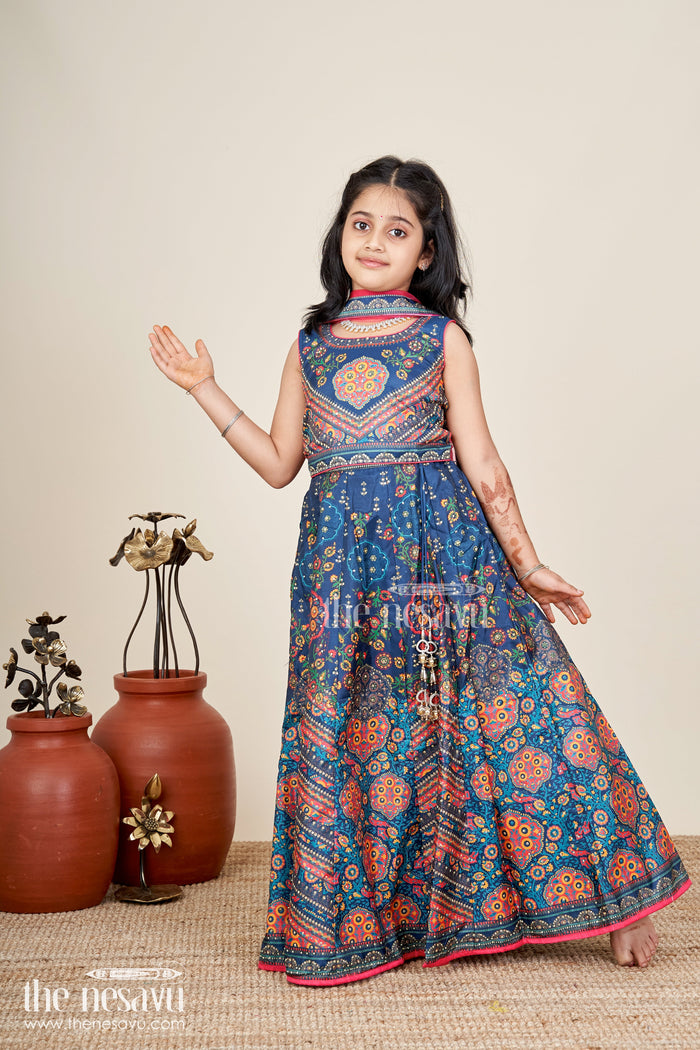 The Nesavu Girls Lehenga Choli Girls Navy Blue Lehenga Choli For Weddings And Cultural Festivals Nesavu 18 (2Y) / Blue GL741A-18 Nesavu Girls Navy Lehenga Choli Weddings Silk Blend Ethnic Wear Traditional Print