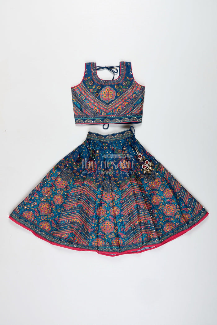 The Nesavu Girls Lehenga Choli Girls Navy Blue Lehenga Choli for Weddings and Cultural Festivals Nesavu Nesavu Girls Navy Lehenga Choli Weddings Silk Blend Ethnic Wear Traditional Print
