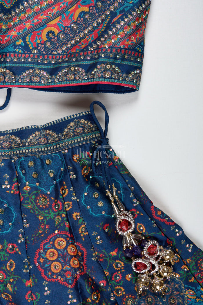 The Nesavu Girls Lehenga Choli Girls Navy Blue Lehenga Choli for Weddings and Cultural Festivals Nesavu Nesavu Girls Navy Lehenga Choli Weddings Silk Blend Ethnic Wear Traditional Print
