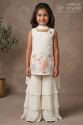 The Nesavu Girls Sharara / Plazo Set Girls Off White Sharara with Floral Embroidered Top and Layered Ruffle Pants Nesavu 16 (1Y) / Cream GPS548A-16 Girls Off White Sharara Floral Embroidered Top Layered Ruffle Pants | The Nesavu