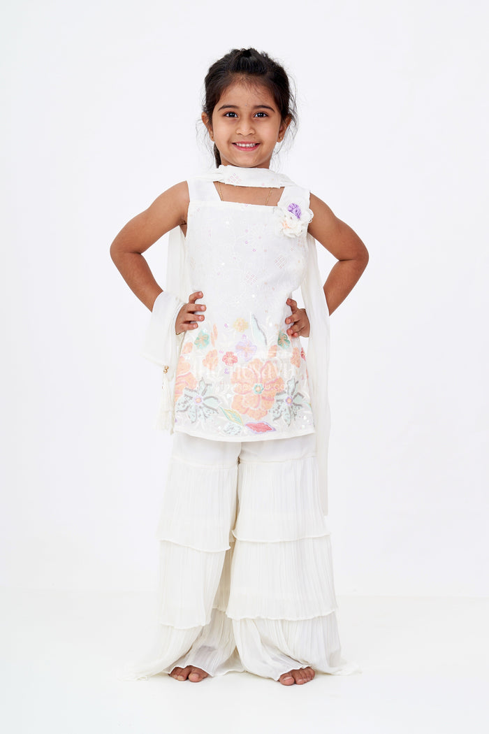 The Nesavu Girls Sharara / Plazo Set Girls Off White Sharara with Floral Embroidered Top and Layered Ruffle Pants Nesavu Nesavu Girls Off White Sharara Floral Embroidered Top Layered Ruffle Pants