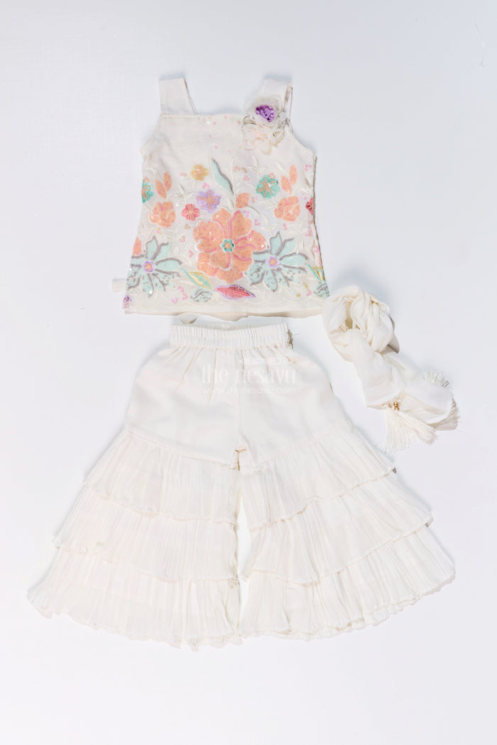 The Nesavu Girls Sharara / Plazo Set Girls Off White Sharara with Floral Embroidered Top and Layered Ruffle Pants Nesavu Nesavu Girls Off White Sharara Floral Embroidered Top Layered Ruffle Pants