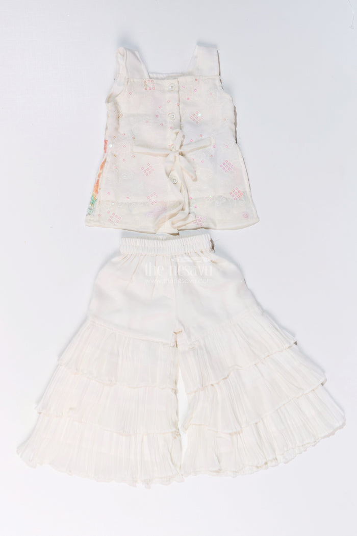 The Nesavu Girls Sharara / Plazo Set Girls Off White Sharara with Floral Embroidered Top and Layered Ruffle Pants Nesavu Nesavu Girls Off White Sharara Floral Embroidered Top Layered Ruffle Pants