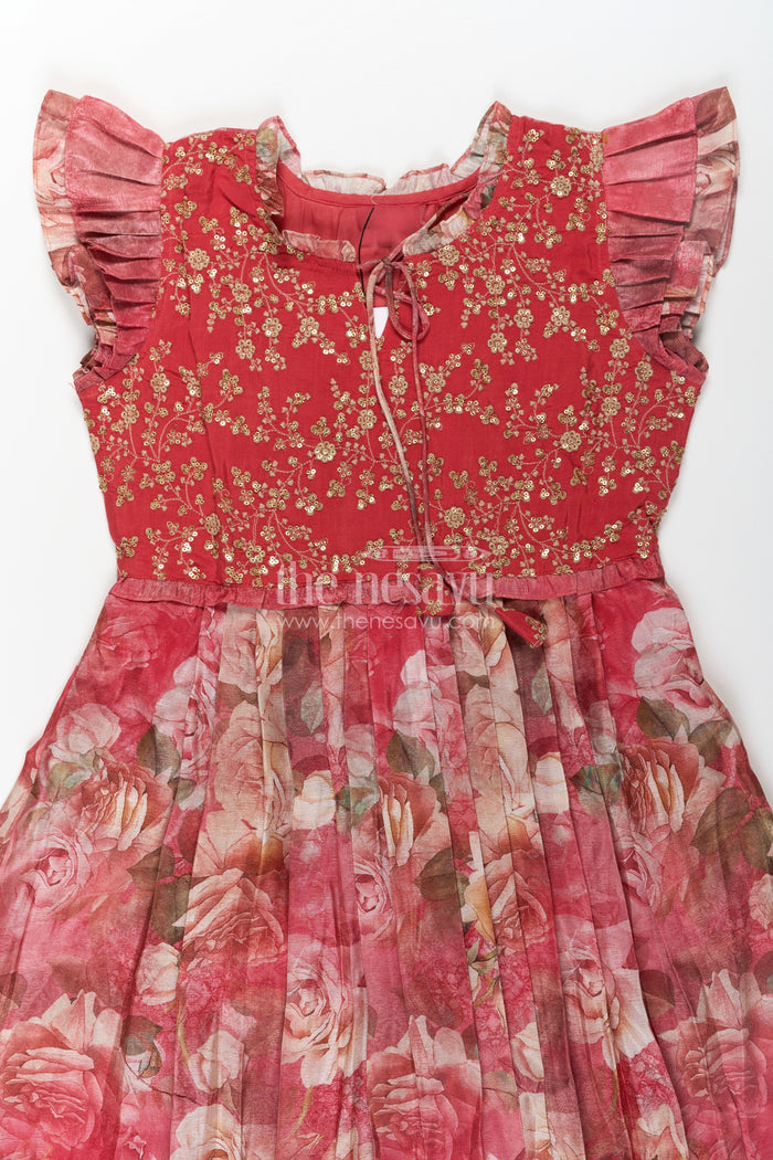 The Nesavu Girls Cotton Frock Girls Orange Frock Dress in Tissue Fabric with Floral Digital Print and Embroidered Yoke for a Chic Statement Look Nesavu Nesavu Girls Orange Tissue Frock Dress Floral Digital Print Sequin Embroidered Yoke Special Occasions
