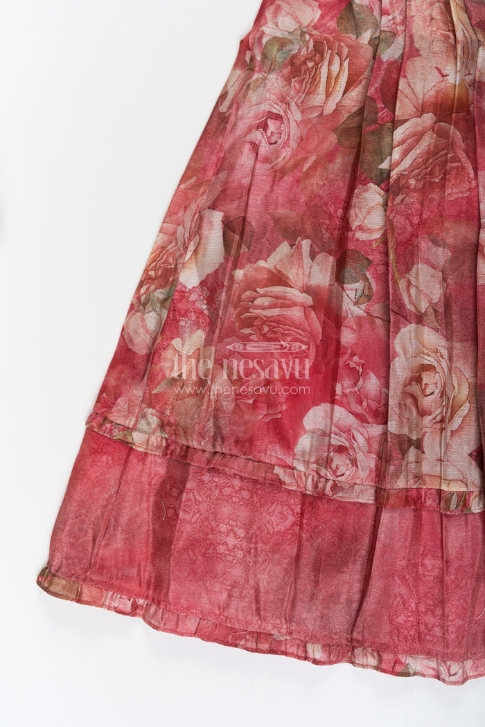 The Nesavu Girls Cotton Frock Girls Orange Frock Dress in Tissue Fabric with Floral Digital Print and Embroidered Yoke for a Chic Statement Look Nesavu Nesavu Girls Orange Tissue Frock Dress Floral Digital Print Sequin Embroidered Yoke Special Occasions