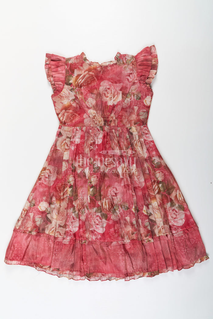 The Nesavu Girls Cotton Frock Girls Orange Frock Dress in Tissue Fabric with Floral Digital Print and Embroidered Yoke for a Chic Statement Look Nesavu Nesavu Girls Orange Tissue Frock Dress Floral Digital Print Sequin Embroidered Yoke Special Occasions