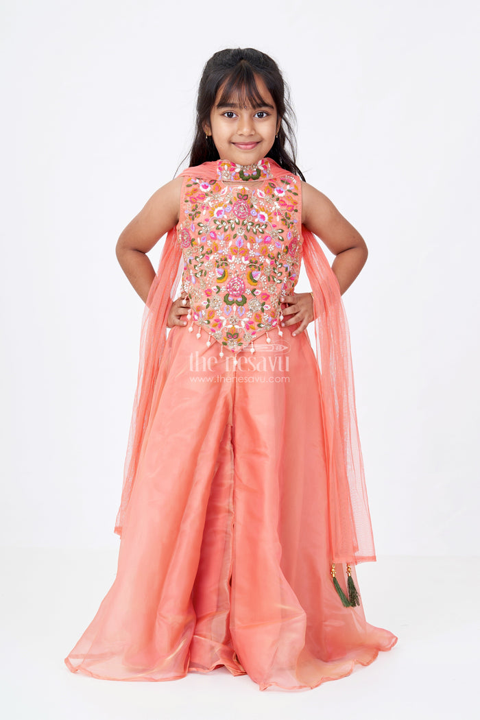 The Nesavu Girls Sharara / Plazo Set Girls Orange Jumpsuit Set in Glazed Organza with Designer Embroidery and Festive Dupatta Nesavu 24 (5Y) / Peach GPS419C-24 Nesavu Girls Orange Jumpsuit Outfit Glazed Organza Embroidered Bodice Dupatta
