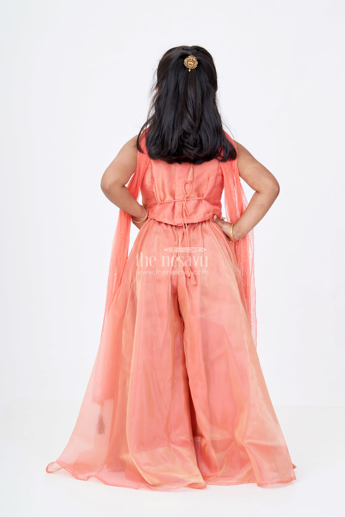 The Nesavu Girls Sharara / Plazo Set Girls Orange Jumpsuit Set in Glazed Organza with Designer Embroidery and Festive Dupatta Nesavu Nesavu Girls Orange Jumpsuit Outfit Glazed Organza Embroidered Bodice Dupatta
