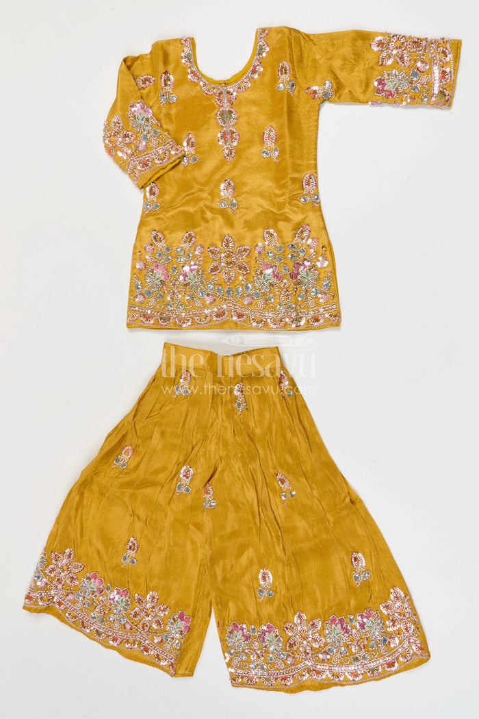 The Nesavu Girls Sharara / Plazo Set Girls Organza Sharara Set for Weddings and Festive Occasions Nesavu 18 (2Y) / Yellow / Viscose Silk GPS997A-18 Nesavu girls sharara set for weddings and festive celebrations viscose silk designer embroidered outfit