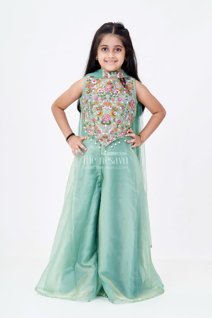 The Nesavu Girls Sharara / Plazo Set Girls Pastel Green Dress in Glazed Organza with Designer Embroidery and Sharara Pant Set Nesavu 16 (1Y) / Green GPS419B-16 Girls Pastel Green Embroidered Dress Set Glazed Organza Sharara Dupatta | The Nesavu