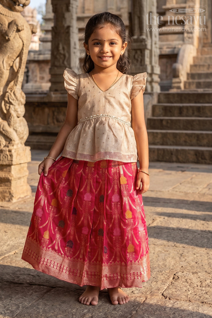 The Nesavu Pattu Pavadai Girls Pattu Pavadai for Temple Visits and Festive Dressing Nesavu 18 (2Y) / Cream / Semi Banarasi GPP382B-18 Nesavu Girls Pattu Pavadai For Temple Visits And Festive Dressing With Semi Banaras Silk And Traditional Design