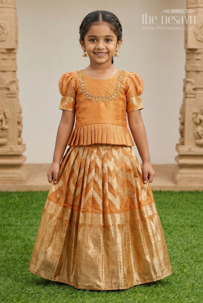 The Nesavu Pattu Pavadai Girls Pattu Pavadai for Festive Occasions and Traditional Celebrations Nesavu 16 (1Y) / Peach / Silk Blend GPP379E-16 Nesavu Girls Pattu Pavadai In Peach Silk Blend With Tissue Skirt For Festive Occasions And Weddings