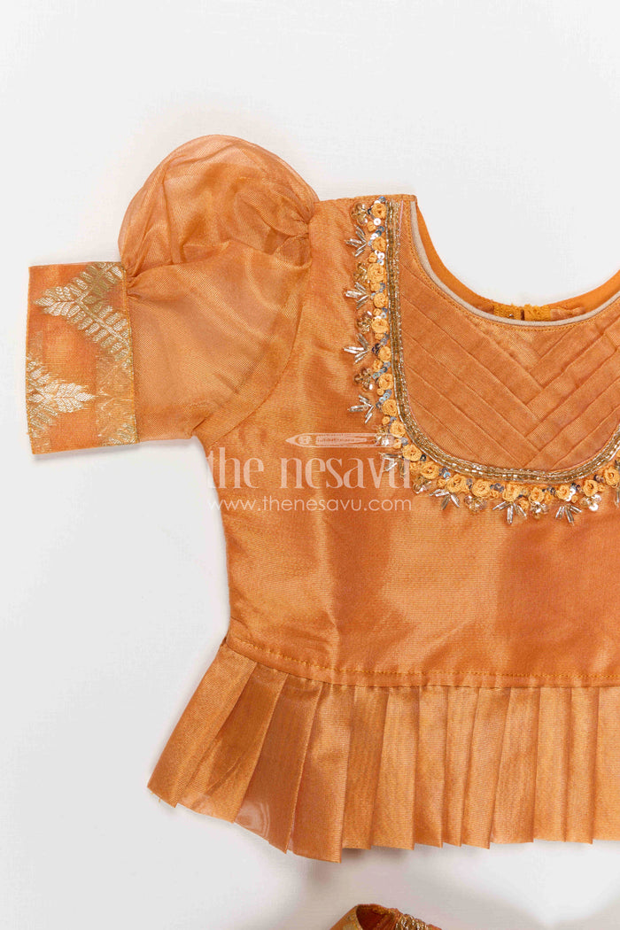 The Nesavu Pattu Pavadai Girls Pattu Pavadai for Festive Occasions and Traditional Celebrations Nesavu Nesavu Girls Pattu Pavadai In Peach Silk Blend With Tissue Skirt For Festive Occasions And Weddings
