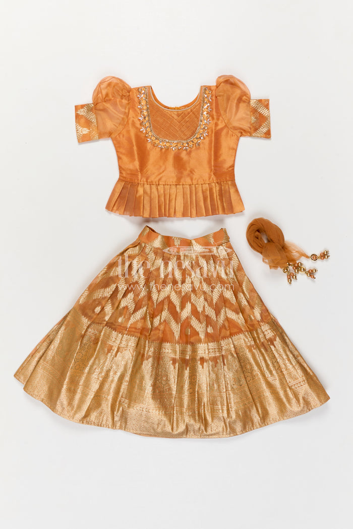 The Nesavu Pattu Pavadai Girls Pattu Pavadai for Festive Occasions and Traditional Celebrations Nesavu Nesavu Girls Pattu Pavadai In Peach Silk Blend With Tissue Skirt For Festive Occasions And Weddings